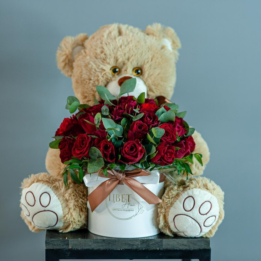 Набор 2в1: Шляпная коробка с розами+Медведь