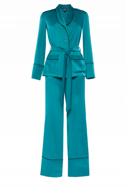 Брючный костюм из шелка изумрудный 04-19 SS