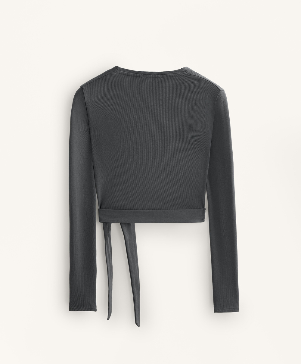 Oysho Футболка с длинными рукавами на запахе в рубчик, темно-серый