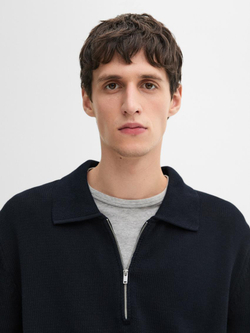 Massimo Dutti Трикотажный свитер с воротником поло на молнии, темно-синий