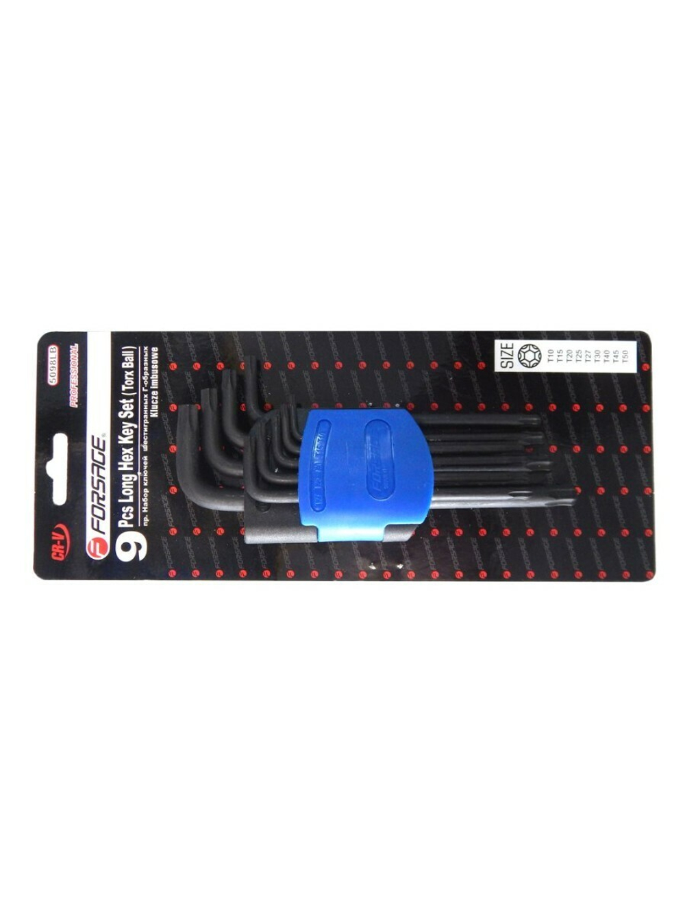 Набор ключей TORX Г-образных длинных с шаром, 9пр. (Т10, Т15, Т20, Т25, Т27, Т30, Т40, Т45, Т50),в пластиковом держателе Forsage F-5098LB
