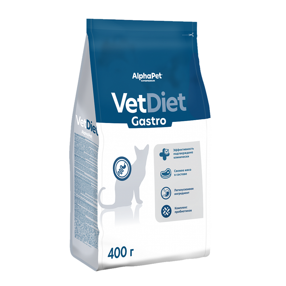 Сухой диетический корм AlphaPet VetDiet GASTRO для взрослых кошек и котов при острых расстройствах пищеварения, в реабилитационный период и при истощении