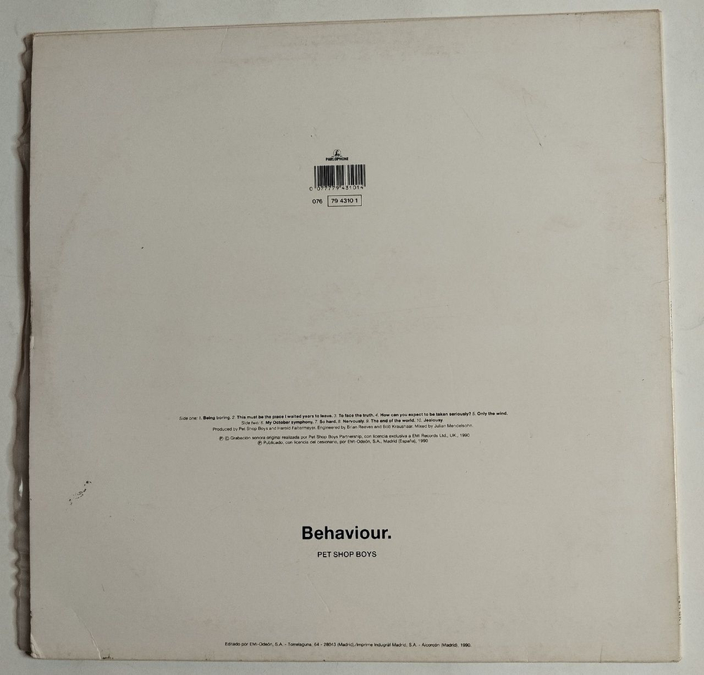 Винтажная виниловая пластинка LP Pet Shop Boys Behaviour (Spain 1990)
