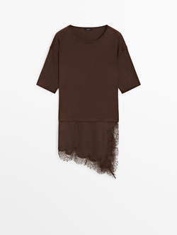 Massimo Dutti Платье с контрастной отделкой кружевом, коричневый