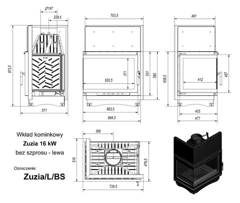 Топка ZUZIA/L/BS, Г-образное стекло слева