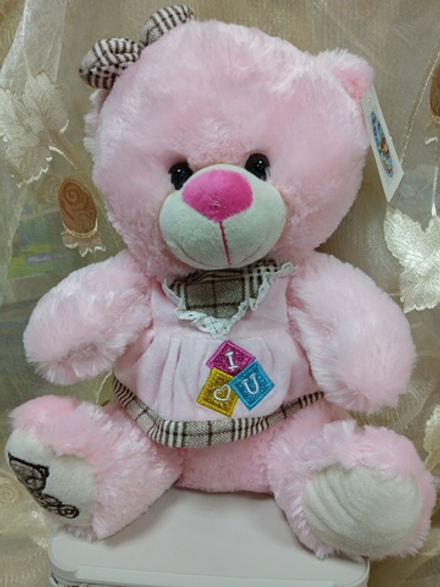 Медведь розовый в платье с бантом, 34 см