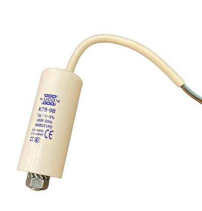 Пусковой конденсатор К78-98-В 10 мкФ+/-5% 450 цилиндрический, в пластиковом корпусе со шпилькой с гибким кабельным выводом