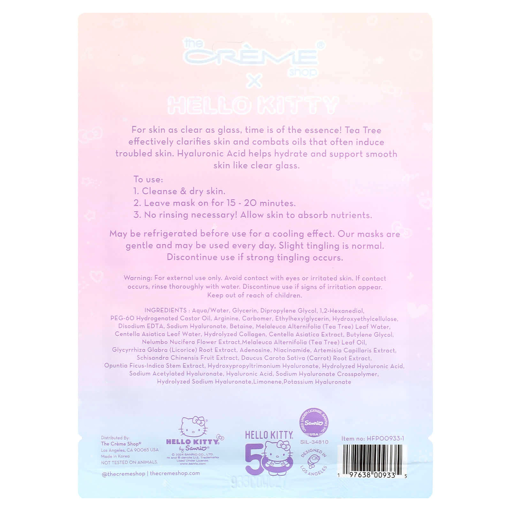 The Creme Shop, Hello Kitty®, тканевая маска с эссенцией, Feel So Clear, 1 шт., 25 мл (0,84 жидк. унции)
