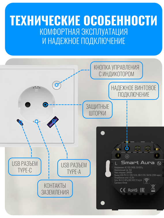 Умная Wi-Fi розетка с зарядным устройством USB и Type-C Smart Aura серия COSMO