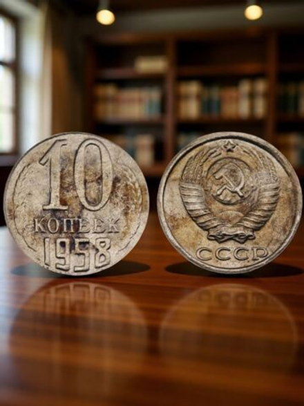 10 копеек 1958 года СССР. Большие цифры. Погодовка. Копия пробной советской монеты никель