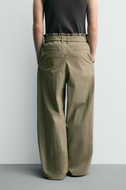 ZARA БРЮКИ WIDE-LEG СО СКЛАДКАМИ И РЕМНЕМ, НЕОНОВЫЙ ЗЕЛЕНЫЙ