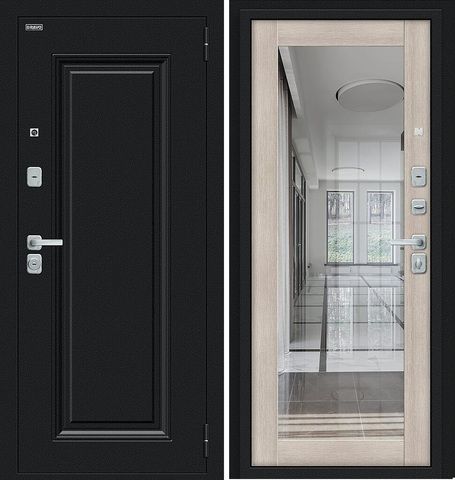 Входная дверь в квартиру с зеркалом Браво (Bravo) Флэш BChrome Букле черное/Cappuccino Melinga 