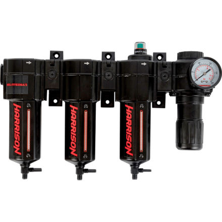 HRS-FFFR3964/5 Блок подготовки с фильтрами 5 мкм, 1 мкм (3964 л/мин), масляным фильтром 0.01 мкм (990 л/мин) и регулятором 1/2"