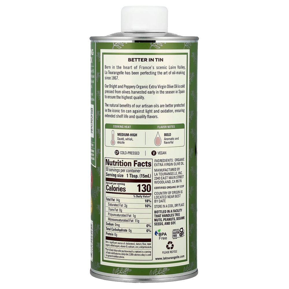 La Tourangelle, органическое нерафинированное оливковое масло высшего качества, яркий и перечный вкус, 750 мл (25,4 жидк. унции)