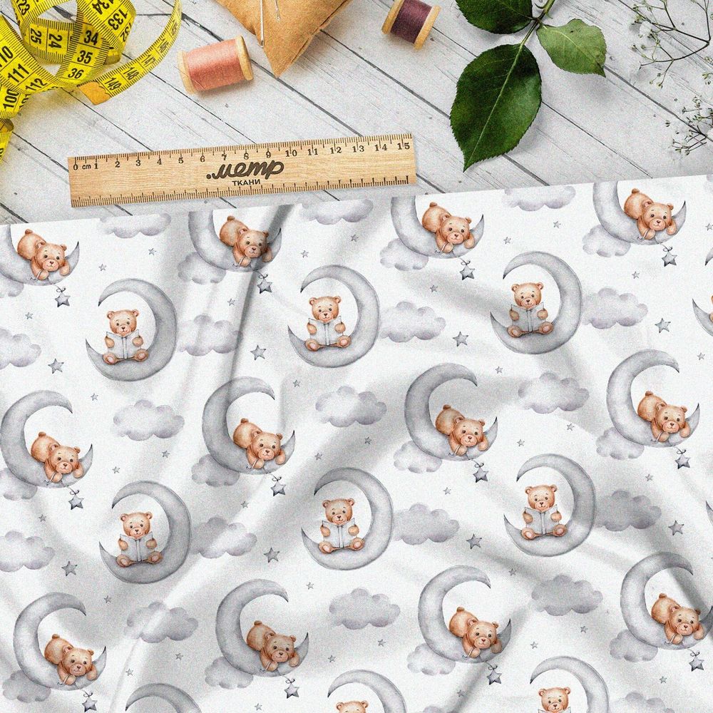 Ткань кулирная гладь медвежонок на полумесяце
