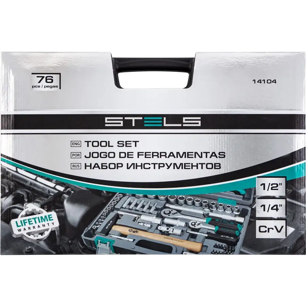 Набор инструментов, 1/2", 1/4", CrV, 76 предм.// STELS 14104