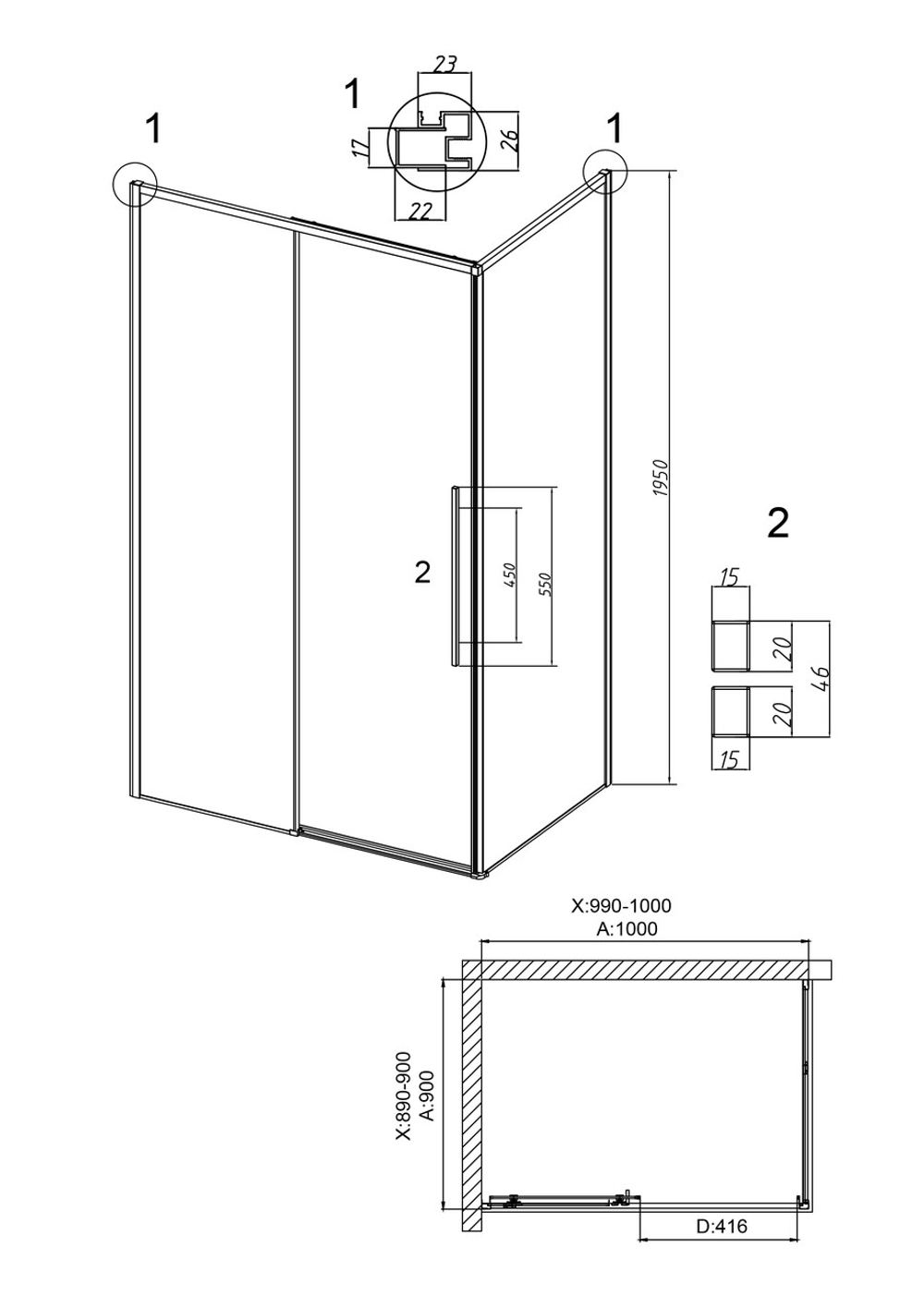 Душевое ограждение Grossman Galaxy 100.K33.01.100.10.00-200.K33.01.90.10.00 (100х90х195) раздвижная,хром,стекло прозрачное,2 места
