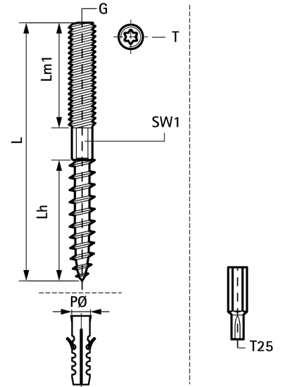 Винт-шуруп Walraven M8 x 60 мм с шестигранником 6 мм и шлицем Torx (арт. 6263806)