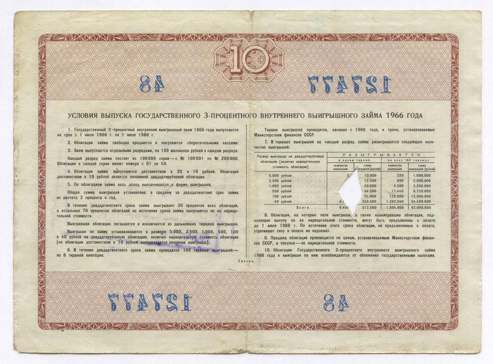 Облигации 20 рублей и 10 рублей 1966 год. Серии №№ 166522 и 127477. Гашение - вырез и штамп с надписью