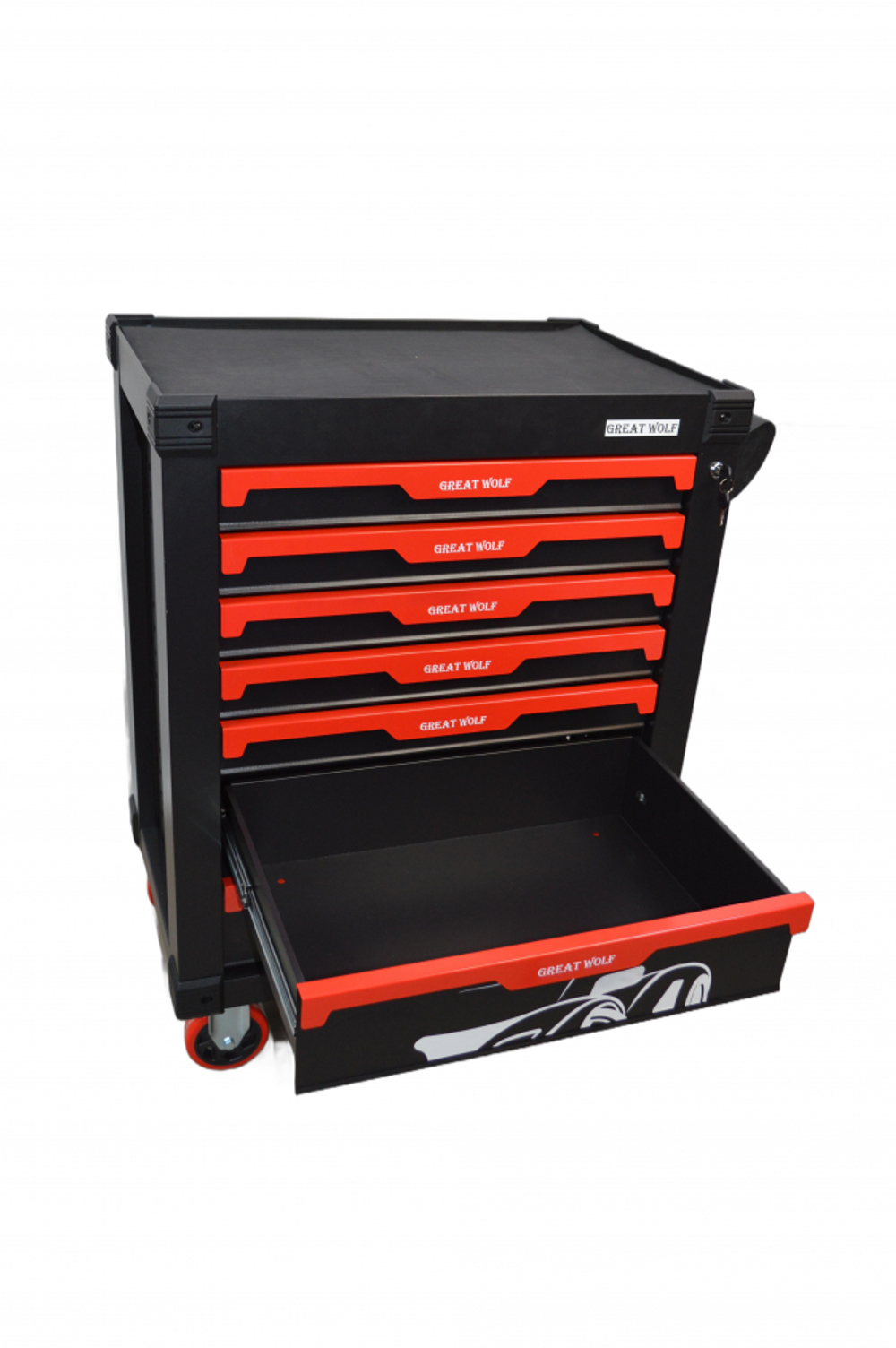 Инструментальная тележка GW-7ST Black (Great Wolf) 7 ящиков, увеличенные колеса с тормозом, ЦЗ, усиленная
