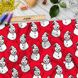 Ткань блэкаут весёлые снеговики на красном фоне