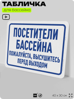 Табличка для бассейна "Посетители бассейна, высушитесь перед выходом", на пляж, для общественной и частной зоны отдыха, информационная, 40х30 см, Silver Plane x Айдентика Технолоджи