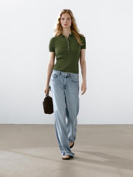Massimo Dutti Трикотажный свитер-поло из смесового хлопка, оливковый