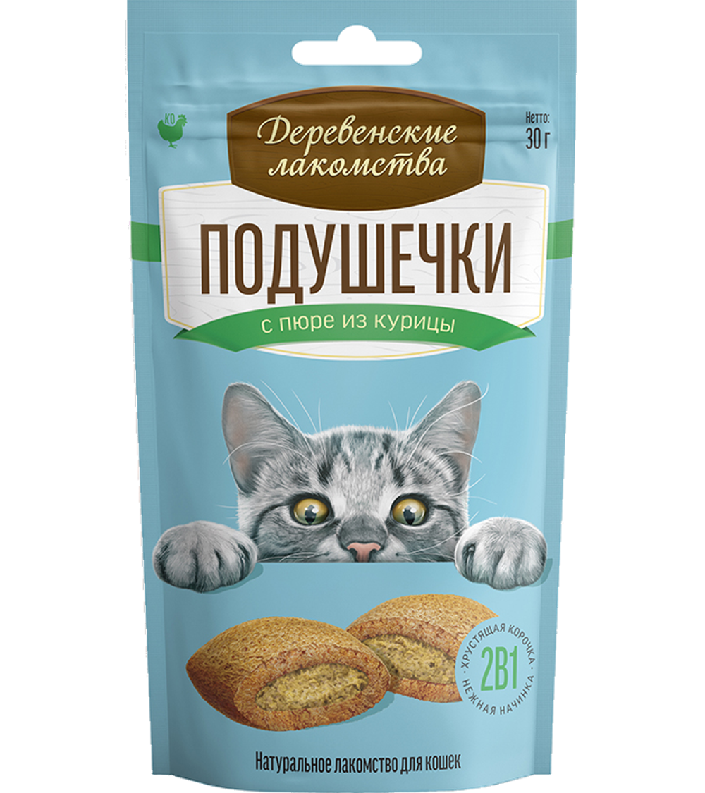Деревенские лакомства Для кошек Подушечки с пюре из курицы 30гр.