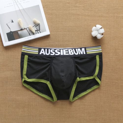 Мужские трусы хипсы черные в сетку с зеленой окантовкой AUSSIEBUM