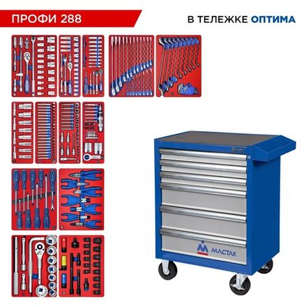 Цена на МАСТАК (52-06288B) Набор инструментов 288 предметов, "ПРОФИ 288", в синей тележке