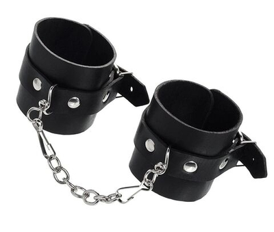 Черные однослойные наручники из натуральной кожи с цепочкой (Цвет: черный)
