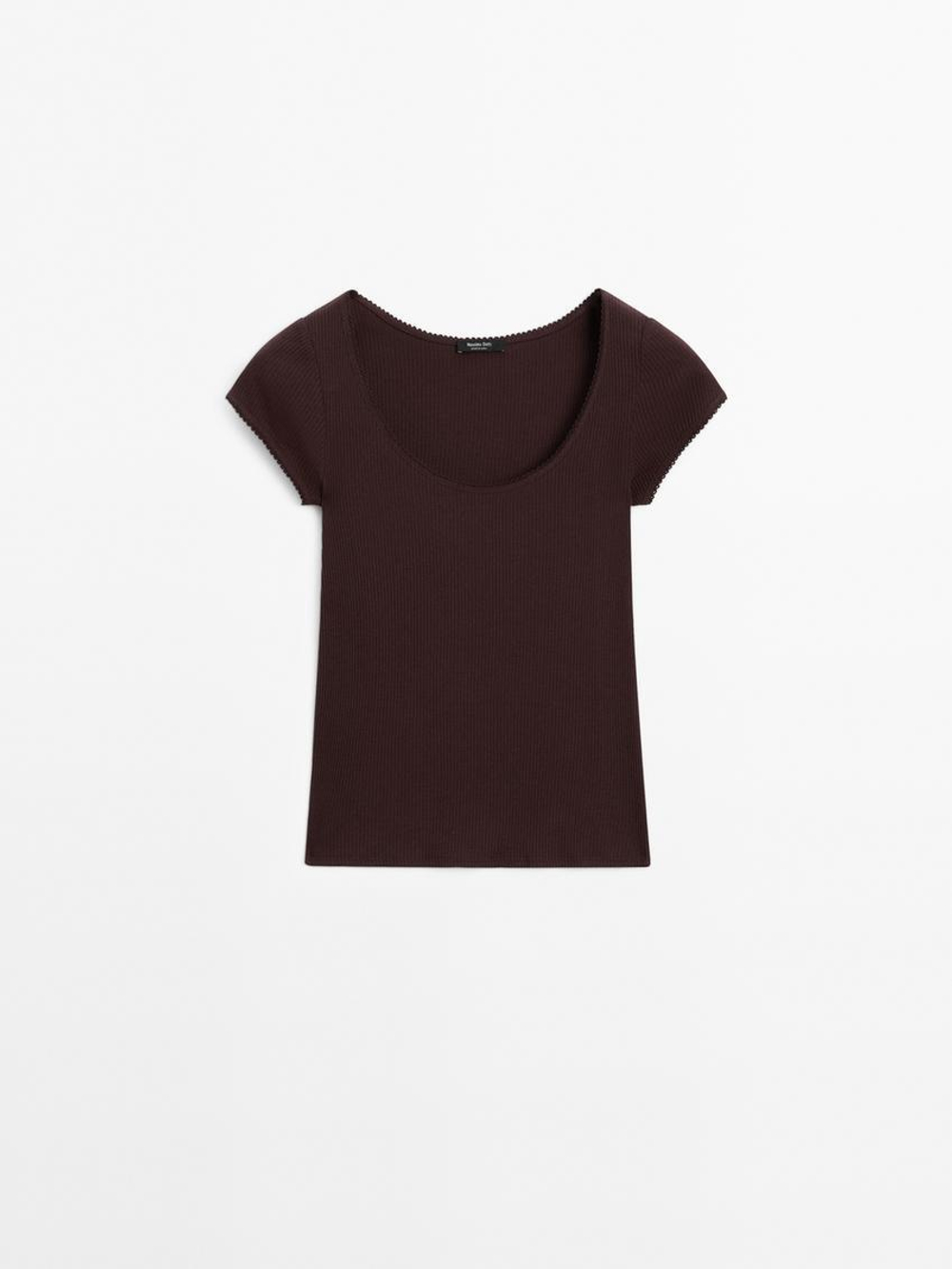 Massimo Dutti Футболка из хлопка с отделкой кружевом, коричневый
