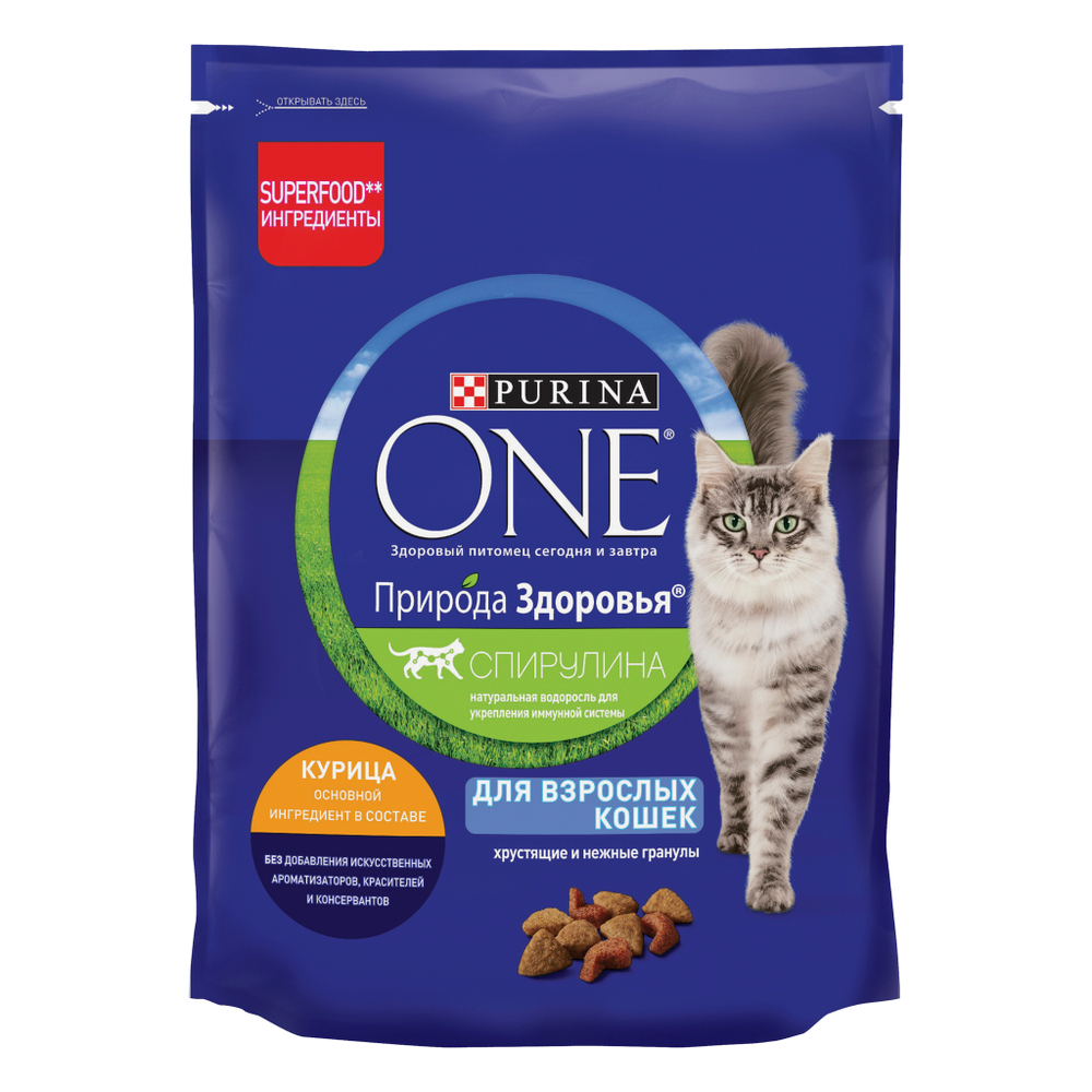Сухой корм Purina ONE Природа Здоровья для кошек с курицей и спирулиной 180 г