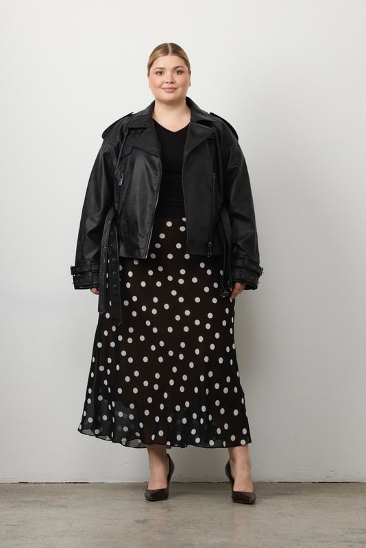 Юбка миди из шифона, черный в белый горох
