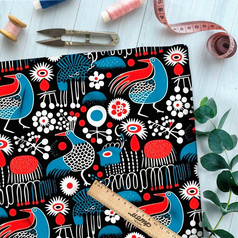 Ткань премиум шелк искусственный Армани былинные птицы