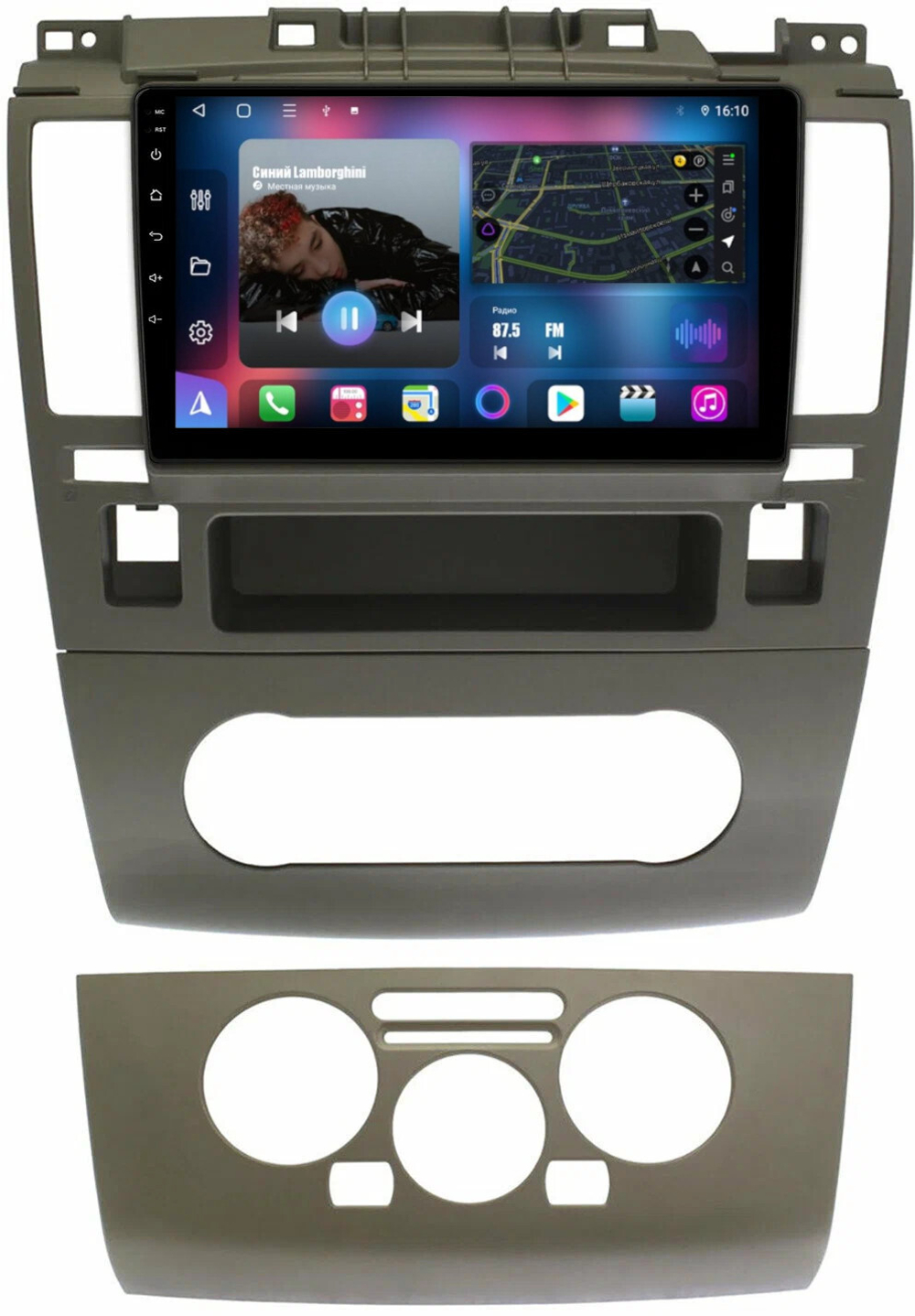 Магнитола для Nissan Tiida C11 2004-2013 (кондиционер/климат с прямоугольным экранчиком, рамка серая) - FarCar 1148CN монитор 9" QLED на Android 13, 8 ядер (TS18), CarPlay, 4G SIM-слот