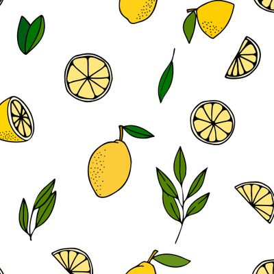 Лимоны, половинки лимонов, листья. Желтый и зеленый на белом фоне.