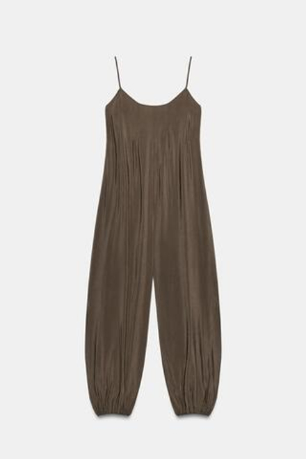 ZARA ДЛИННЫЙ КОМБИНЕЗОН НА БРЕТЕЛЯХ, ТЕМНО-КОРИЧНЕВЫЙ