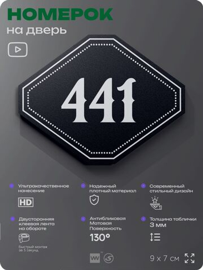 Номерок на дверь квартиры 441, для кабинета, офиса, шильдик 9 х 7 см, черный, Айдентика Технолоджи