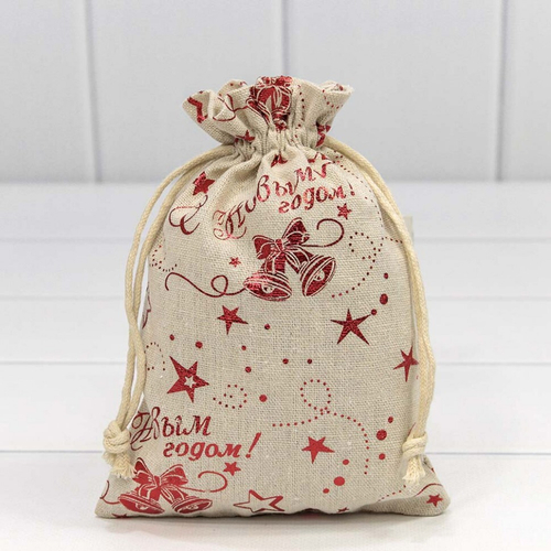 Мешочек 14 х 20 см "С новым годом" с рисунком искусственный лен (коричневый)