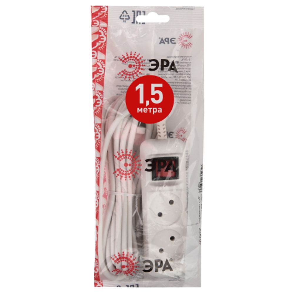 Удлинитель электрический ЭРА U-2s-1,5m-2x1 без заземления c выключателем 2 розетки 1,5м ПВС 2x1мм2 10А | Бытовые удлинители