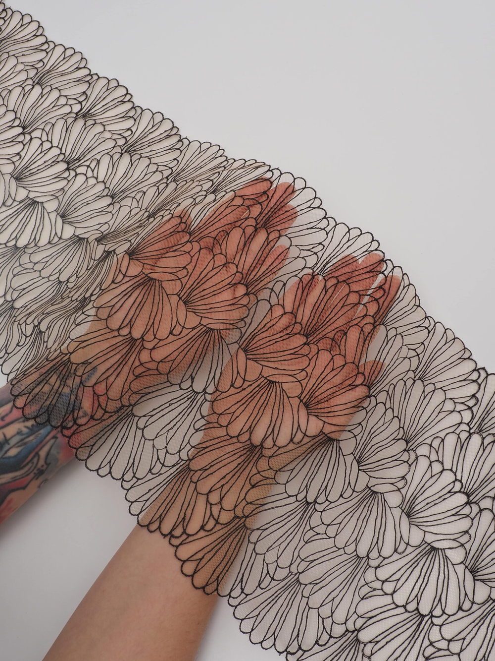 Вышивка на сетке телесная с черным неэластичная ширина 24 см