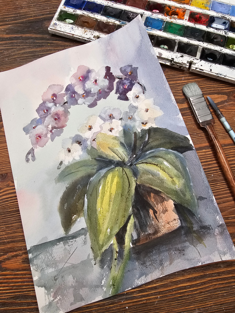 Картина авторская акварельная в паспарту 30х40 см на стену для интерьера "Фаленопсис"