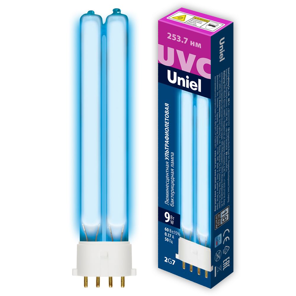 ESL-PL-9-UVCB-2G7-CL Лампа люминесцентная ультрафиолетовая бактерицидная. Спектр UVC 254нм. Картон. ТМ Uniel
