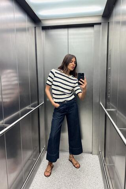 ZARA ФУТБОЛКА ОВЕРСАЙЗ В ПОЛОСКУ, ТЕМНО-СИНИЙ/БЕЛЫЙ