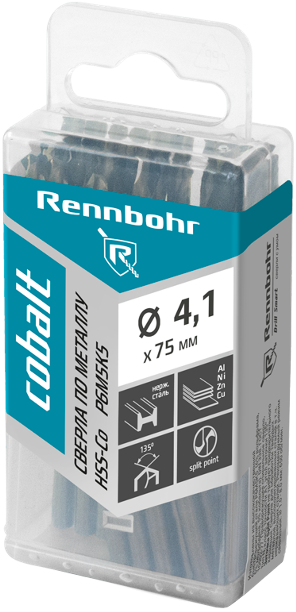 Сверло по металлу, ЦХ, 4,1х75мм, HSS-Co, Р6М5К5, 10шт/уп RENNBOHR COBALT PROM
