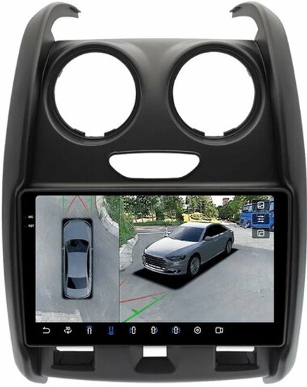 Магнитола для Renault Duster 1 2015-2020, Lada Largus 2021+ (мультируль/джойстик, рамка большая матовая) - FarCar BX9-360-7088TB монитор 9.5" 2K QLED на Android 13, 6+128Гб, CarPlay, 4G SIM-слот, 4 камеры в комплекте