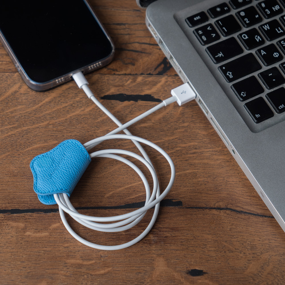Чехол-держатель для проводов Chapeau Easy из натуральной кожи теленка, голубого цвета