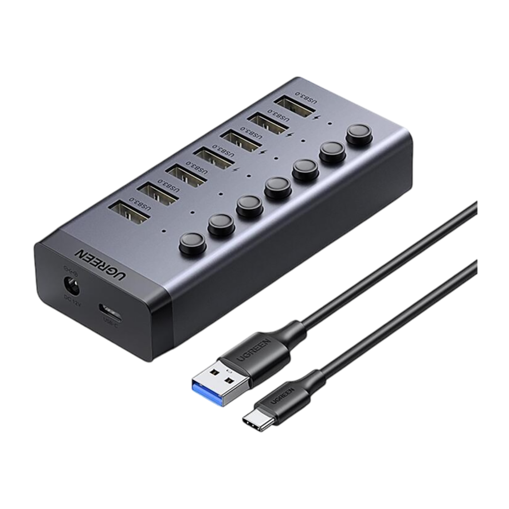 USB-Хаб Ugreen (USB-C) с внешним питанием (CM481) Подключение: съёмный кабель USB-C — USB-A, DC. Порты: 7 USB-A 3.2 Gen 1