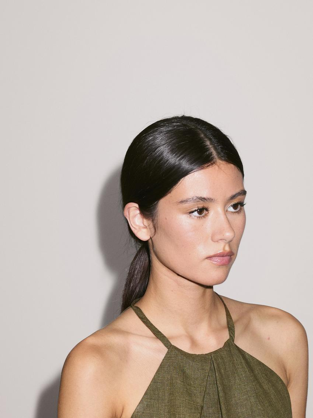 Massimo Dutti Топ внахлест из 100% льна с горловиной халтер, зеленый